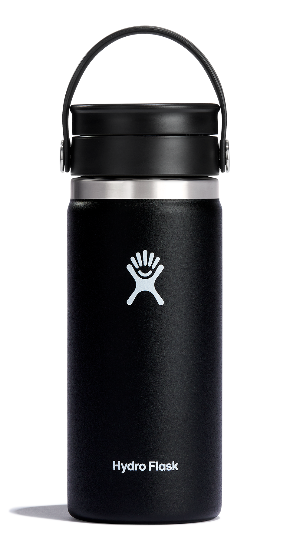 Hydro Flask wide mouth insulated bottle in black with Flex Sip lid, designed for hot and cold beverages, leakproof and cup holder compatible.